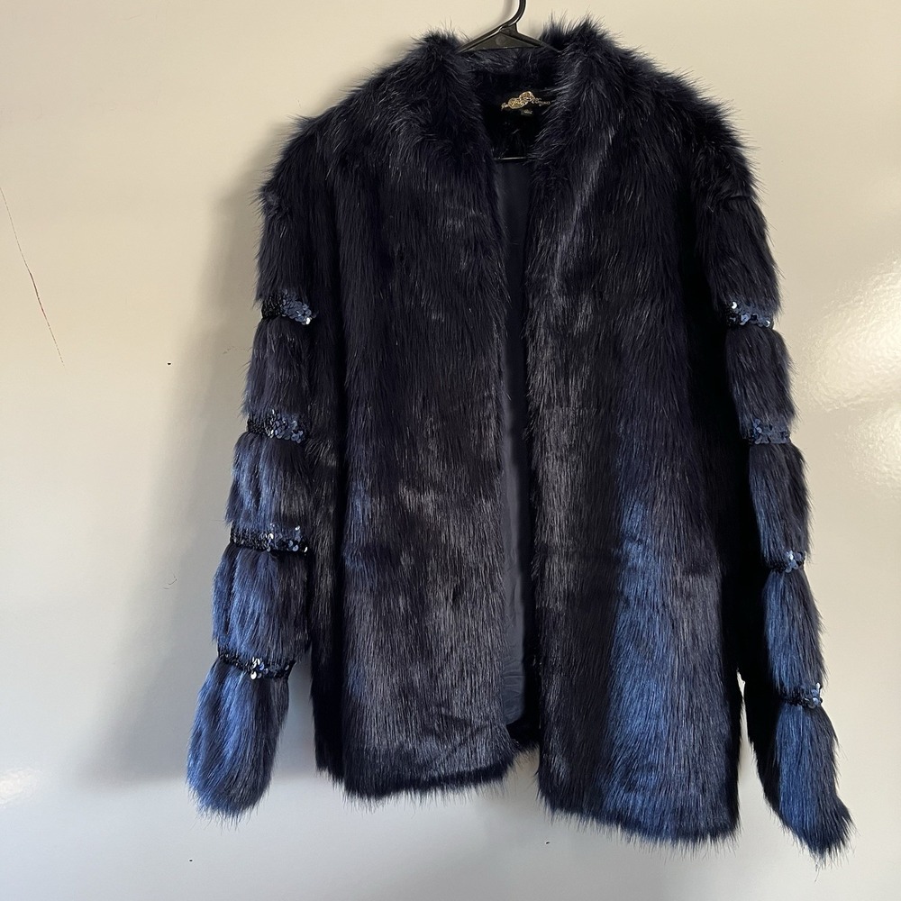 Joan Boyce Faux Fur Jacket Blue Sequin Size 1x Long Sleeve Hips Length